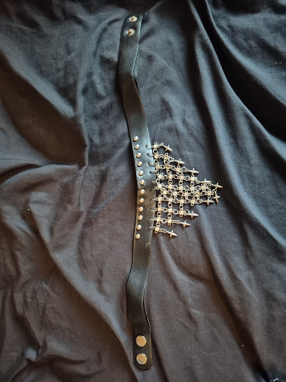 Studded Black Leather Choker with Gems And Cross Charm Fringe